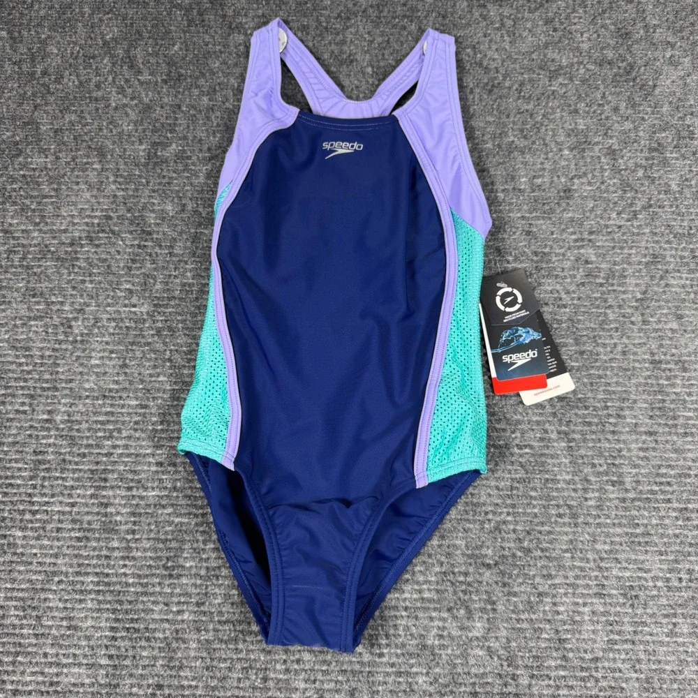 Speedo Girls Mesh Thick Strap One Piece Swimsuit Navy Purple Aqua Size 10 NWT